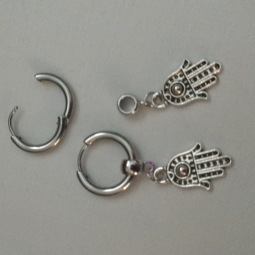 Earrings Stainless Steel Hamsa Hand of Fatima's Evil Eye Protection Silver-tone - Picture 1 of 13